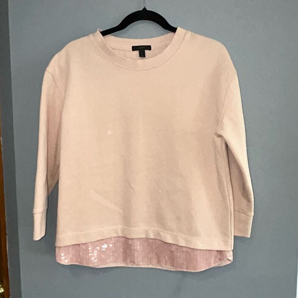 J Crew pink sequin‎ holiday sparkle hem crew neck sweatshirt size S